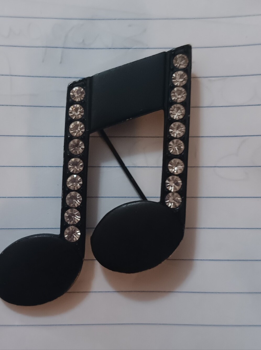VINTAGE Black Musical Note Broach/pin Charm On Metal/with Rhinestones